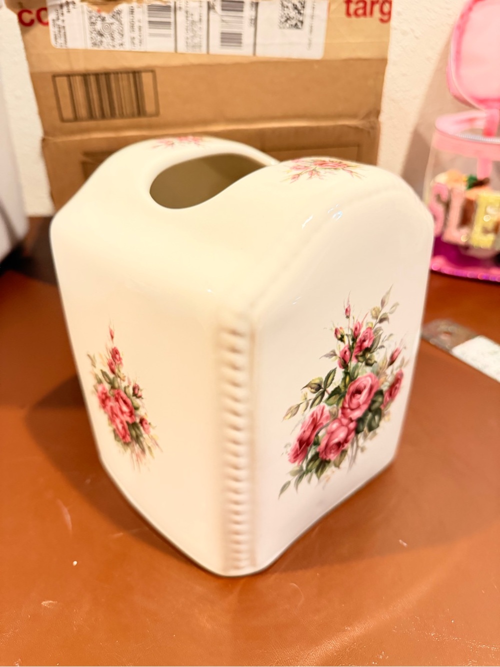 Athena White Ceramic Tissue Cover with Rose Rhapsody Label